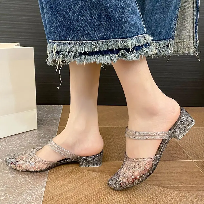 [ ​ clear sandals]Fashion Crystal Sandals Women's Pointed Toe Summer Hollow Breathable All-Match Non-Slip Deodorant Thick Heel Plastic Sandals[Transparent crystal sandals]
