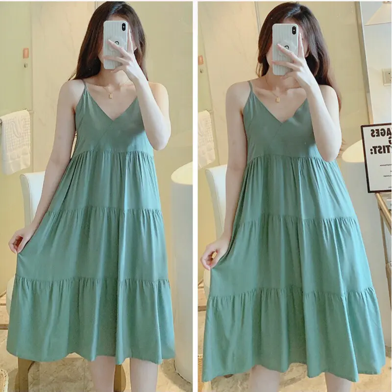 Váy Ngủ, Đầm Mặc Nhà 2 Dây Cổ V Dáng Xoè Chất Liệu Lanh Siêu Mềm Mát Mịn, Hàng Quảng Châu Freesize 47-75kg 6