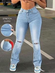 Women's Ripped Flare Leg Jeans, Casual Comfy Bell Bottom Trousers for Daily Wear, Ladies Bottoms for All Seasons