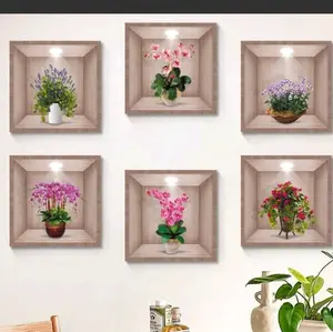 6 Pcs Stiker Dinding Wallpaper 3D motif bunga dalam pot