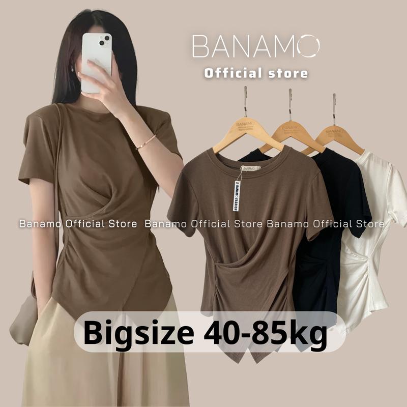 Áo thun nữ Banamo Fashion áo thun trơn cổ tròn nhúm eo vạt chéo có bigsize 3112 Top Sơ Mi Women Màu Nâu Sò