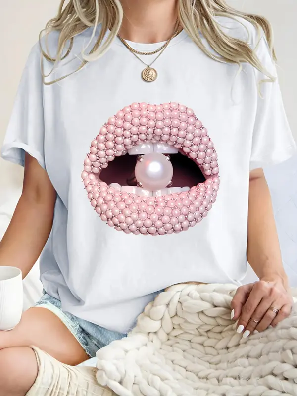 Women's Mouth & Faux Pearl Print Round Neck Tee, Fashion Casual Crew Neck T-Shirt for Daily Holiday Vacation Outdoor Wear, Ladies Clothes for Summer 2
