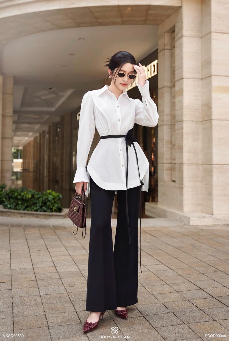 Product Introduction of SUITS BY CHAN - Áo sơ mi kiểu tay dài xếp li tà sau (Ko kèm belt), Quần dài ống loe - VKAO00530 SCQD00046 Nữ Women 10