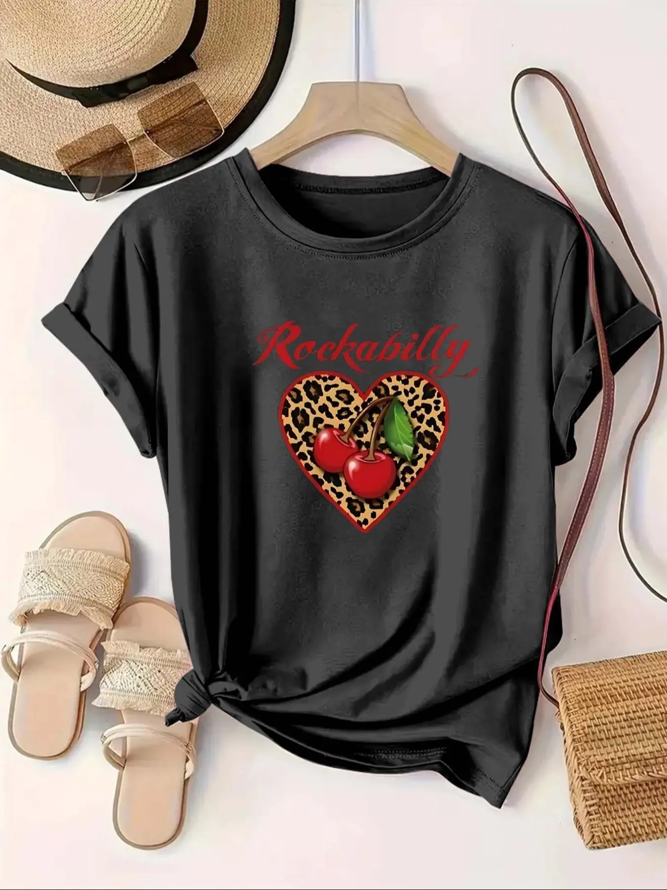【Plus Size】 Cherry & Leopard Print Round Neck Tee, Fashion Casual Crew Neck Graphic Print Short Sleeve T-shirt for Daily Holiday Vacation Outdoor Wear, Women Plus Clothing for Summer