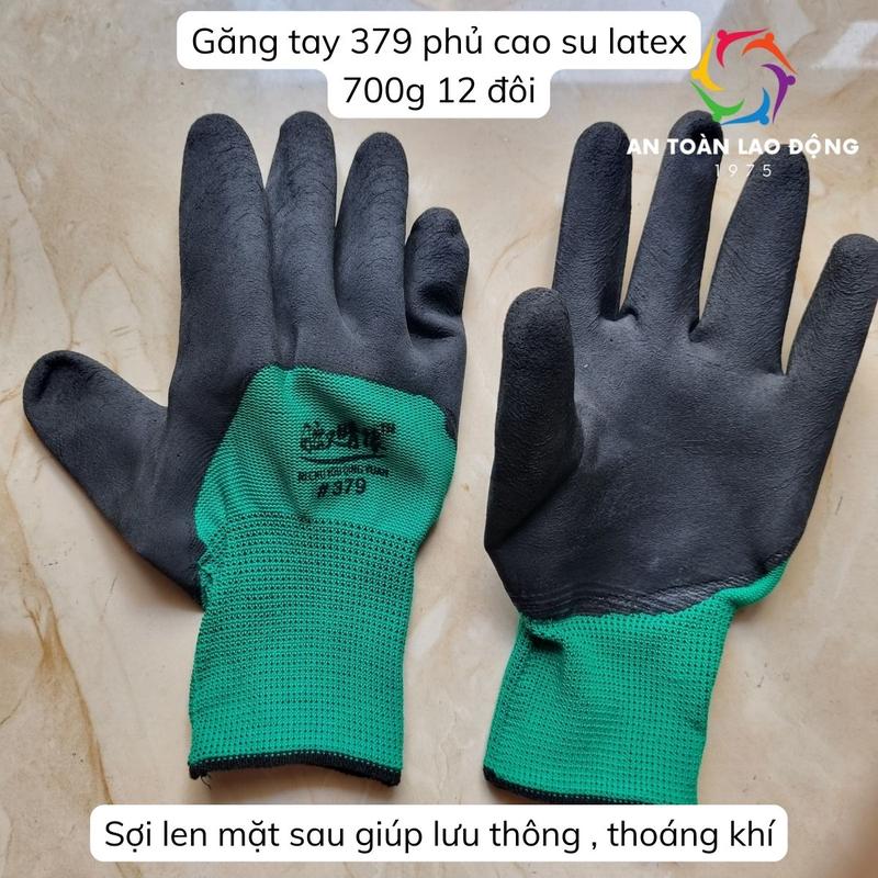 Gang tay 379 12 đôi găng tay bảo hộ lao động phủ cao su latex 2 mặt chống trơn trượt 700g 1 gói