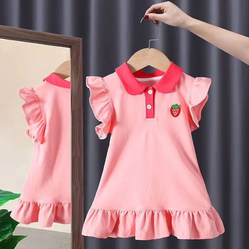 2024 new girls polo dress summer dress CHILDREN'S baby strawberry cute rustled skirt