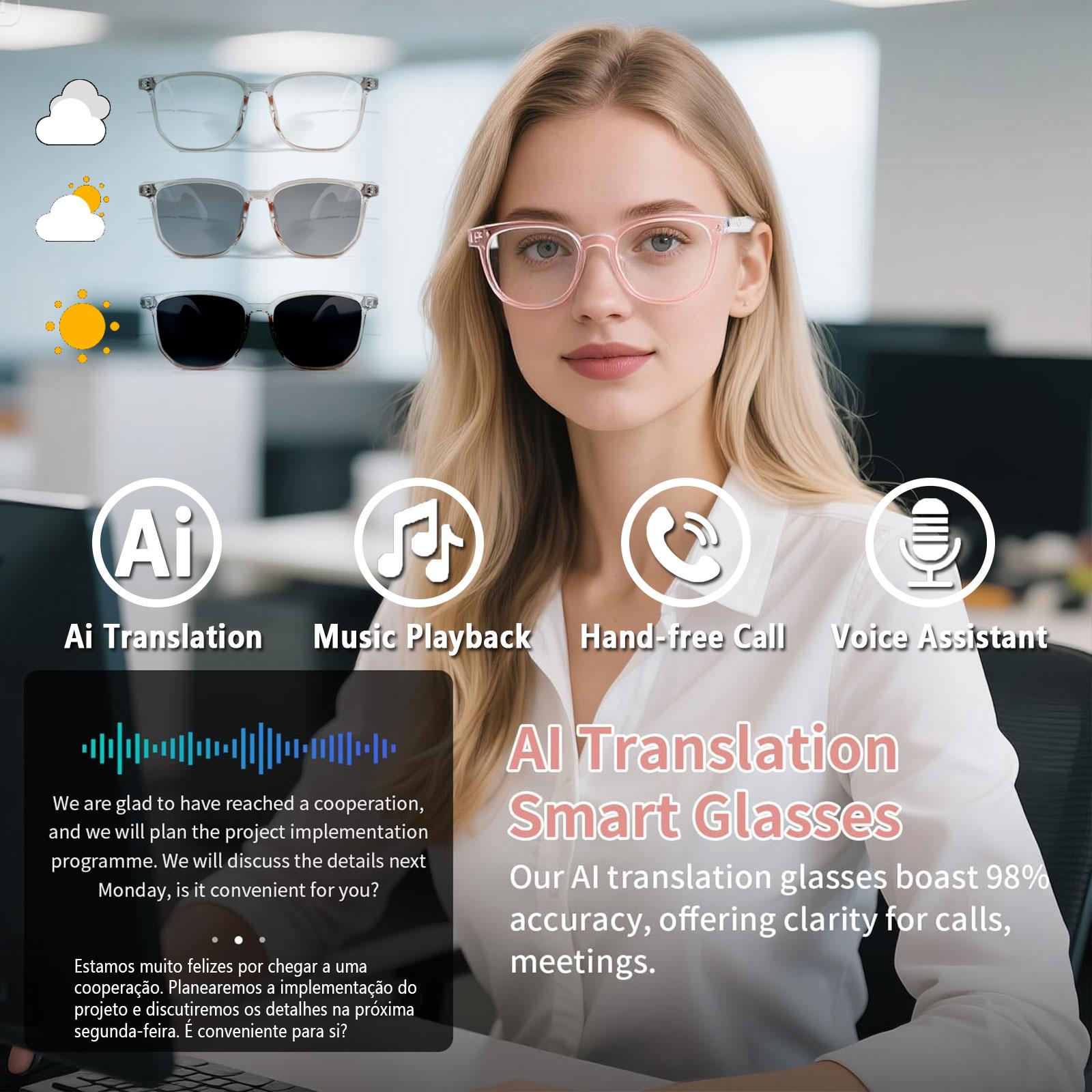 Smart AI translation audio glasses, real-time app translation in over 160 languages, light-sensitive color-changing lenses - Image 2