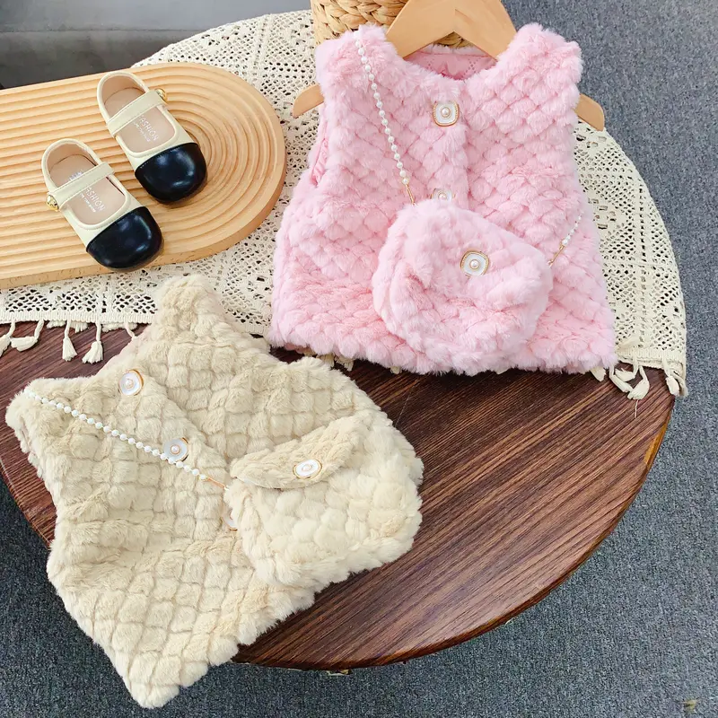 Áo gile lông cho bé, 2 màu hồng/nâu kèm túi cúc ngọc, bên trong trần trám size 8-15kg 0