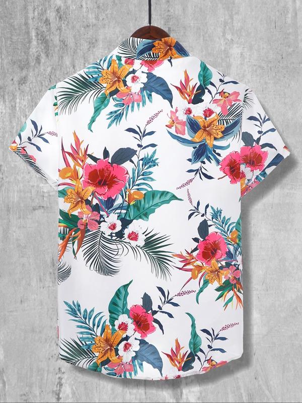 Men's Regular Fit Floral Leaf Print Pocket Button Front Shirt, Tropical Print Short Sleeve Collar Shirt, Boho Casual Men's Top for Summer Beach Vacation 3