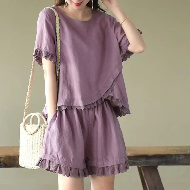 Bộ Đồ Hai Mảnh, 100 Cotton, Áo Dáng Rộng, Nhồi Bông Và Vải Lanh Giả Nghệ Thuật, Quần Đùi Ống Rộng Thường Ngày Cỡ Lớn, Thích Hợp Cho Mùa Hè Của Phụ Nữ