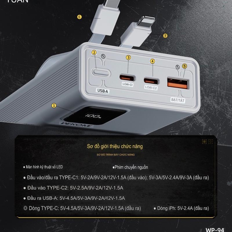 Sạc dự phòng 22.5W_27W siêu nhanh nhiều cổng sạc Wekome 10000mAh-20000-30.000mAh Wp 13/wp 24 /wp93_ 94/wp 96 Chính Hãng BH lỗi đổi mới 6 tháng Sạc Pin Sạc Nhanh Pin Dự Phòng Phụ Kiện