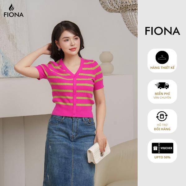 FIONA Áo len nữ chất Viscose dáng bo gấu cổ tim kẻ ngang tay ngắn C514518 Women Top Nhung