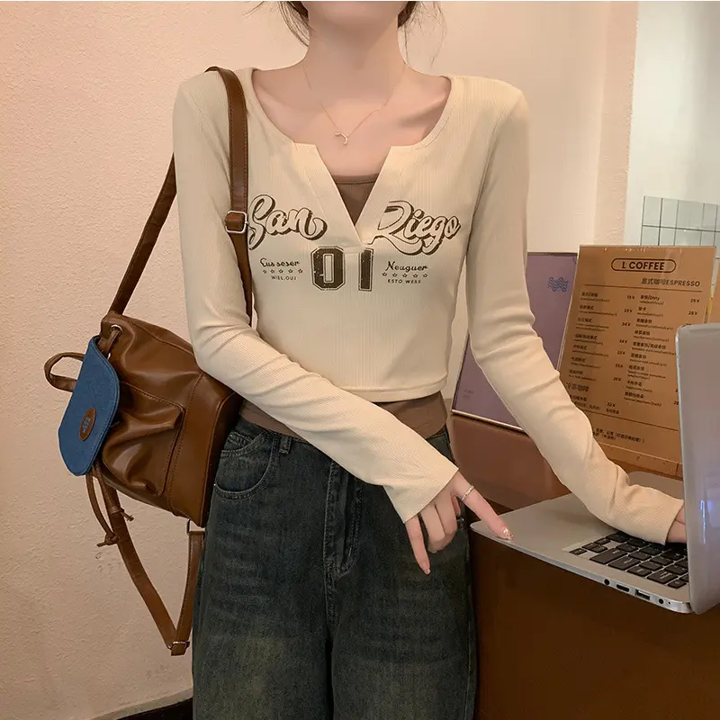 American Retro Printed Contrast Colors False-Two-Piece Long-Sleeved T-shirt for Women 2024 Spring New Slim Fit Base Ride Top