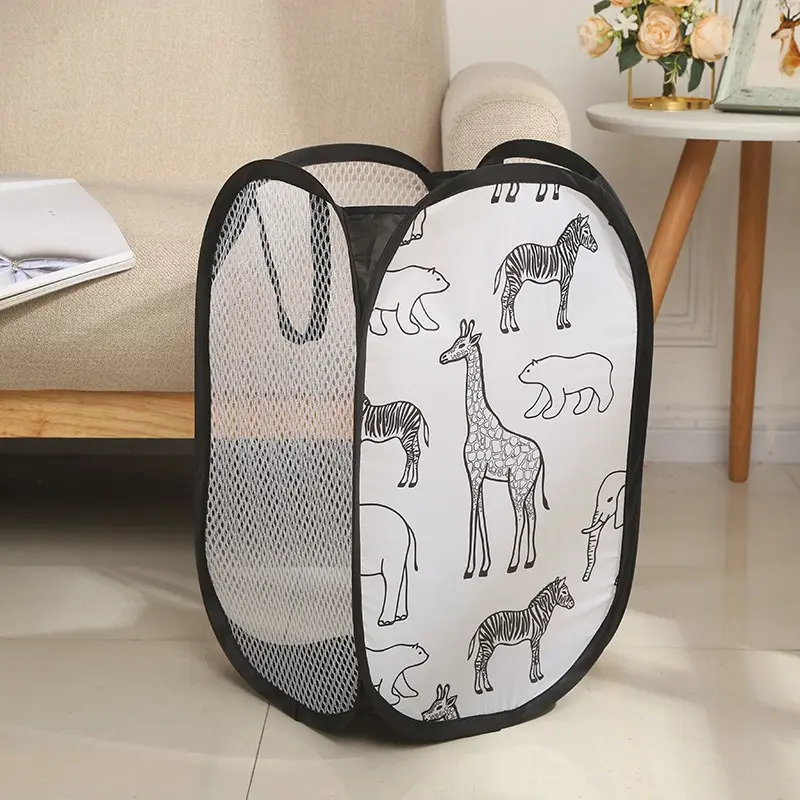 Black Storage Basket for Dirty Clothes Debris Home Laundry Basket Giraffe Printed Polyester Mesh Fabric Organizers