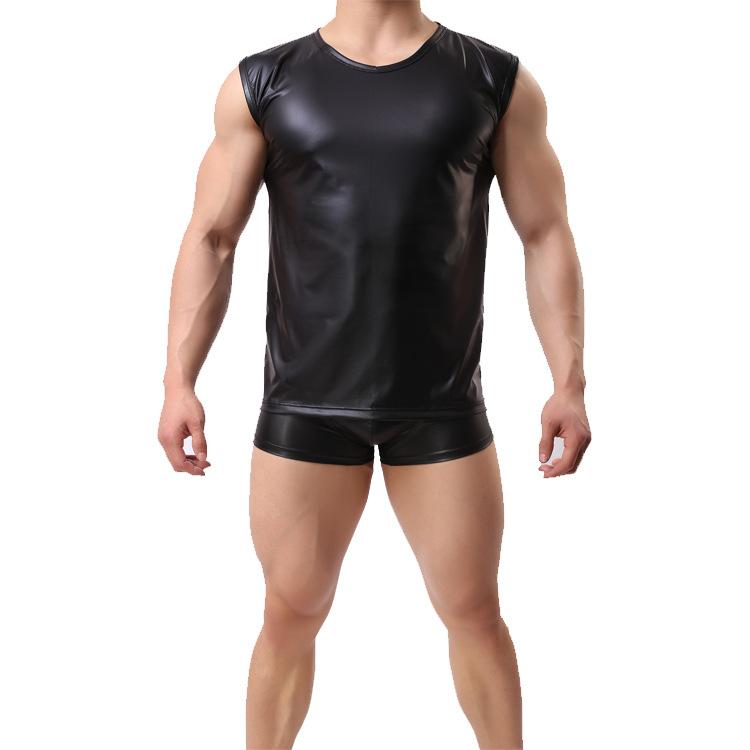 Product Introduction of New Men's Faux Leather Vest Comfortable round Neck Patent Leather Wide Shoulder Sleeveless Black Summer Hot-Selling Style inside Yiku Menswear Tops 5