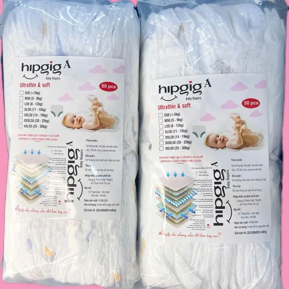 COMBO 100  miếng  bỉm Hipgig A phiên bản nâng cấp, đủ các size S/M/L/XL/2XL/3XL   Chất liệu mềm mại và an toàn .  Bỉm được làm từ chất liệu vải không dệt,  thâ bỉm  sơn