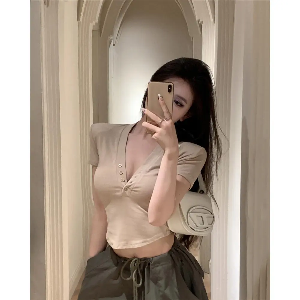 Cohan DS044 V Neck Short Sleeve Crop Top Women"s bodysuit Cream  S/M/L