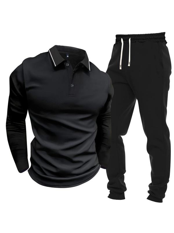 Men's Plain Button Front Polo Shirt & Drawstring Waist Pants Set, Regular Fit Long Sleeve Collared Top & Jogger Pants, Men Two-piece Outfits for Spring & Fall 1