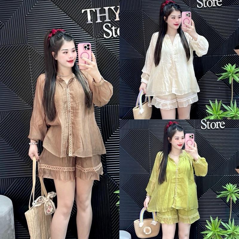 Set bộ Áo đũi babydoll tay dài gài nút . Quần đùi may ren lưng thun Nữ Kem Top