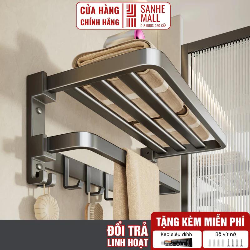 Kệ để khăn nhà tắm siêu dính Sanhe có móc treo quần áo và thanh ngang