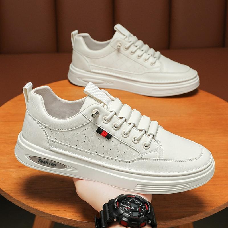 Giày nam - Giày sneaker da PU trắng, kem họa tiết trẻ trung H2 Shoes