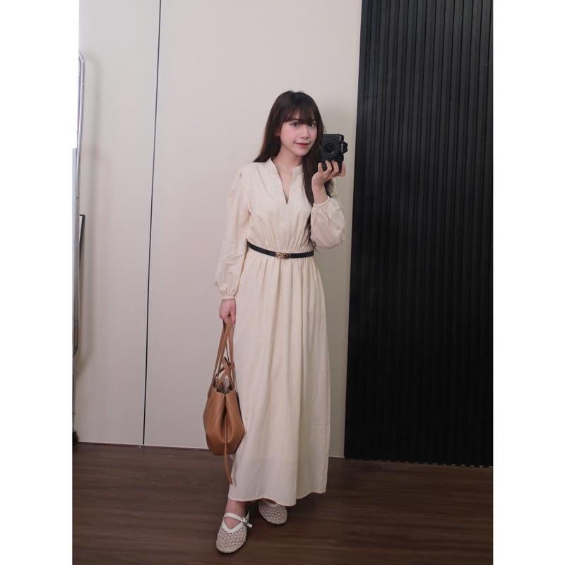 Đầm maxi Chililuu váy maxi dáng dài cổ V chiết eo tay dài phong cách tiểu thư thanh lịch