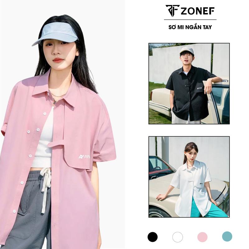 Áo Sơ Mi ngắn tay phối layer thiết kế khuy kèm dây đeo có thể điều chỉnh độ dài,chất vải thô hàn form rộng Hàn Quốc By ZONEF Nam Menswear Unisex