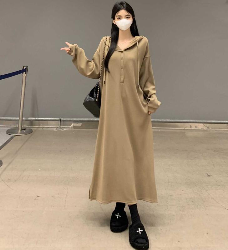  Đầm Suông Nữ Cổ Mũ Phối Cúc Dài Tay Form Rộng Túi Eo Vải Nỉ Tăm Dày Đẹp 