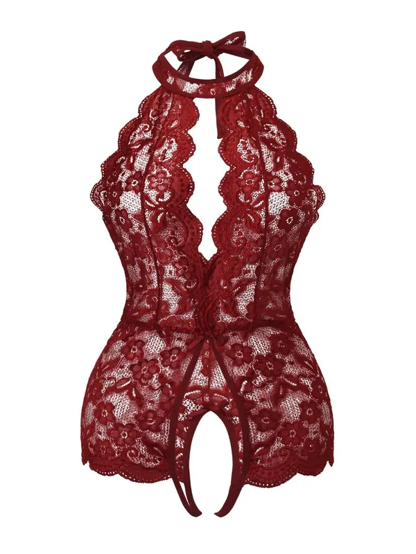 Plus Size Plain Floral Lace Scallop Trim Halter Neck Backless Sheer Sexy Lingerie Bodysuit, Elegant Sexy Tie Back Bodysuit for All Seasons, Women's Plus Size Sexy Underwear 5