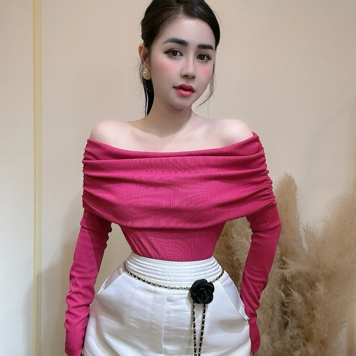 Áo Thun Nữ Gân Thái Tay Dài Trễ Vãi Co Giãn D14