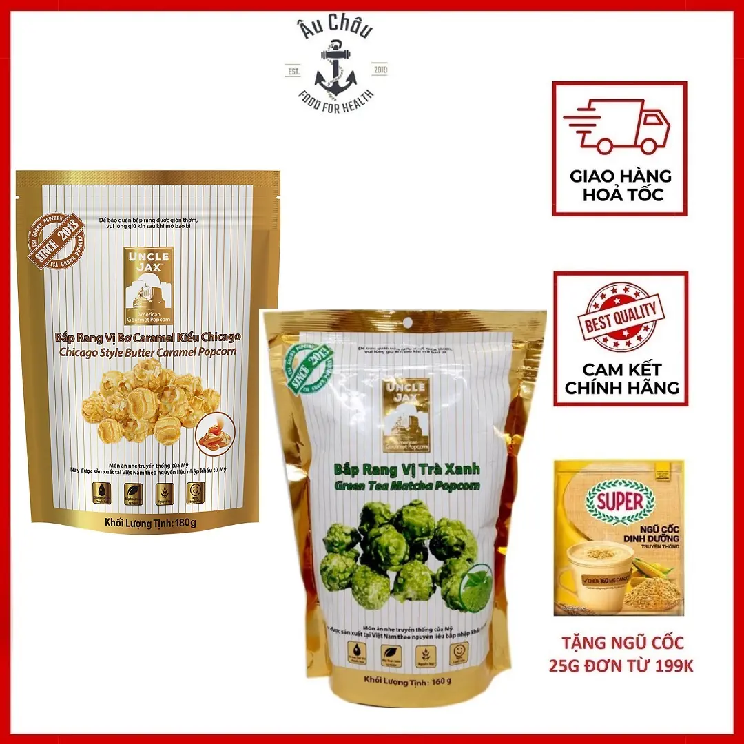 GÓI LỚN Bắp rang bơ Uncle Jax American Gourmet Popcorn vị caramel, trà xanh 180g kiểu Mỹ - ÂU CHÂU SHOP