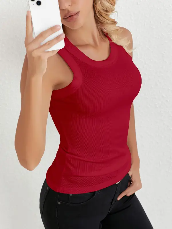 Women's Solid Round Neck Ribbed Tank Top, Casual Sleeveless Top for Daily Wear, Ladies Clothes for All Seasons 0