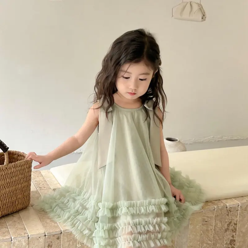 V533 - Váy Bèo Voan Xinh Nơ Vai Hồng Xanh Bé Gái 6