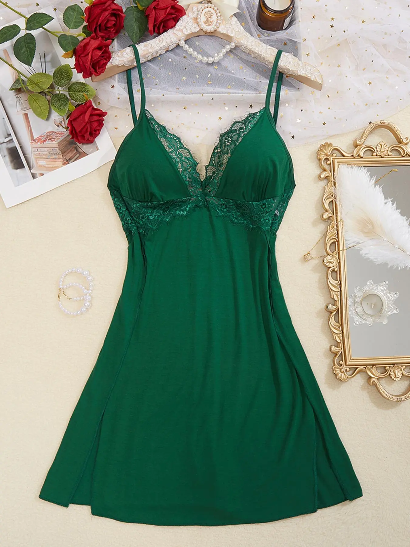 Women's Cut Out Backless Sheer V Neck Lace Cami Nightdress, Adjustable Spaghetti Strap Split Thigh Nightgown, Soft Comfortable Sleepwear for Women