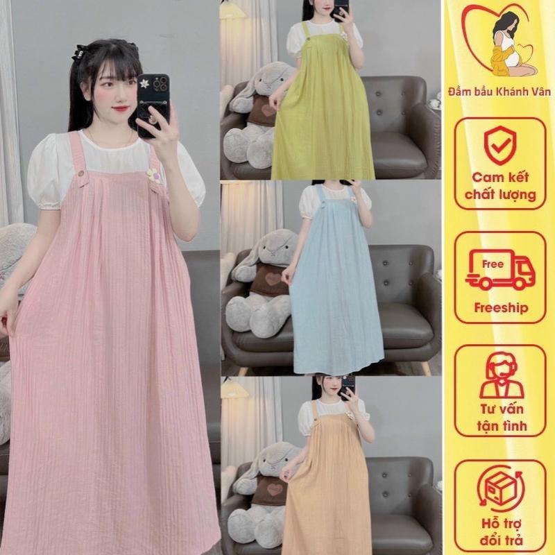 ￼Đầm váy bầu hè Set yếm liền phối áo cộc tay bồng tiểu thư đính hoa điệu đà-Váy bầu công sở thiết kế dáng suông đi làm... Đầm Bầu Voi đỏ đính đá set  yếm set  len