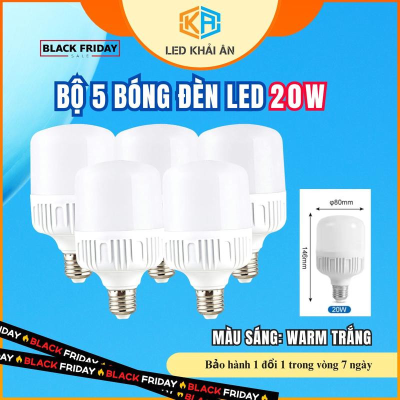  Bộ 5 bóng đèn Led 20W cao cấp. Màu sáng: Warm trắng  3000-3200K  Pure White  6000K-6500K . Bảo hành: 12 Tháng - Led Khải Ân 