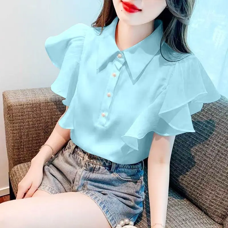 Áo Sơ Mi Có Ve Áo Tay Bay Xếp Nhún Dành Cho Nữ, Bộ Sưu Tập Mùa Hè 2024 Mới, Thiết Kế Đẹp, Phong Cách Sang Trọng Độc Đáo Áo ngắn Tay