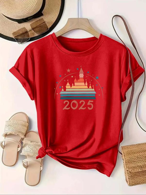 【Plus Size】 Cartoon Castle & Figure Print Round Neck Tee, Casual Short Sleeve Crew Neck T-shirt for Summer, Women's Plus Clothing for Daily Wear 4