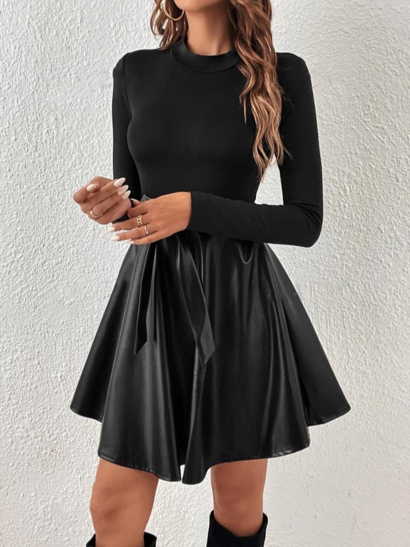 Product Introduction of Women's Solid Belted Pu Leather Patchwork Dress, Elegant Fashion Casual Crew Neck Short Dress for Daily Outdoor Wear, Women Clothing for Spring Fall 3