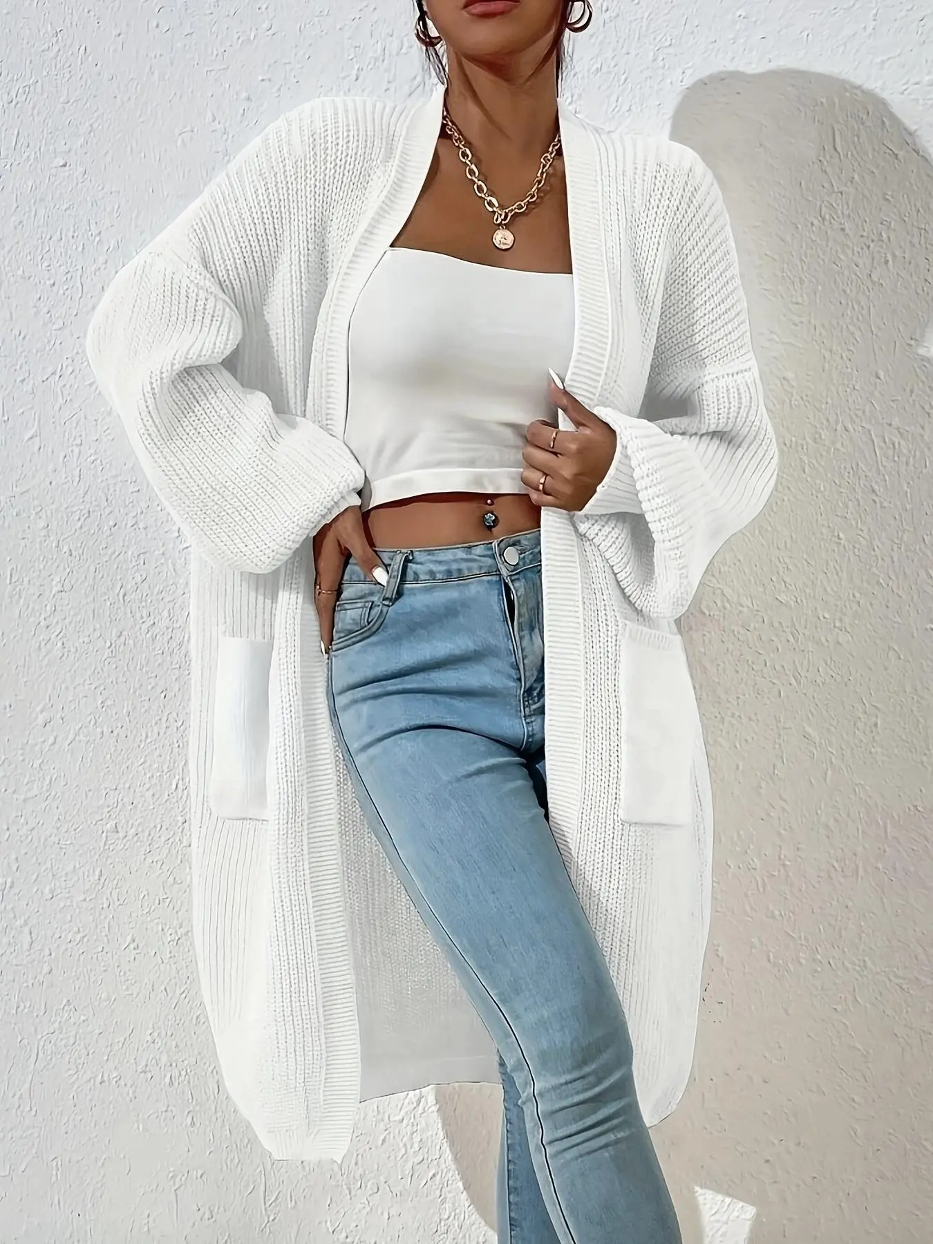Women's Solid Drop Shoulder Pocket Cardigan, Casual Long Sleeve Open Front Cardigan for Fall & Winter, Women's Knit Clothing for Daily Wear
