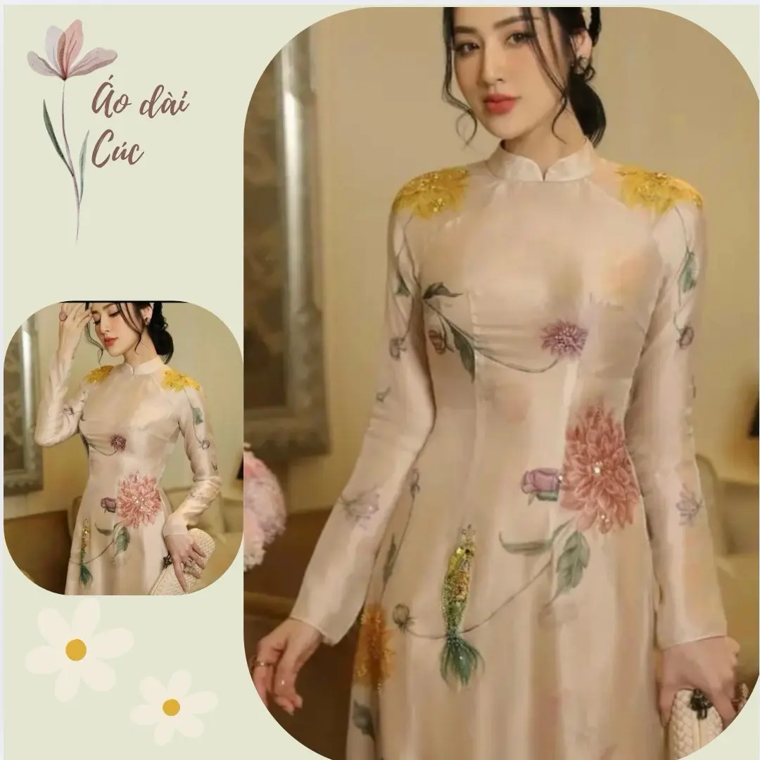 Áo dài von tơ Cúc Thược Dược 4 tà đính kết thủ công màu da đậm