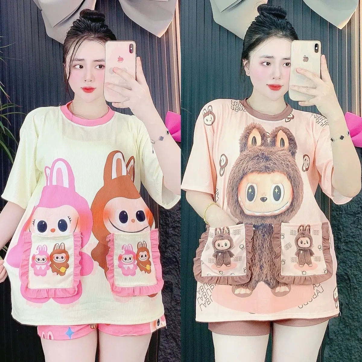 Sét Bộ Đùi Chất Thun Tăm Lạnh Phối Hình 3D Dễ Thương Gồm Áo Form Rộng Có Túi Nơ Kèm Quần Đùi Rẻ Đẹp Women Nữ Kem Top
