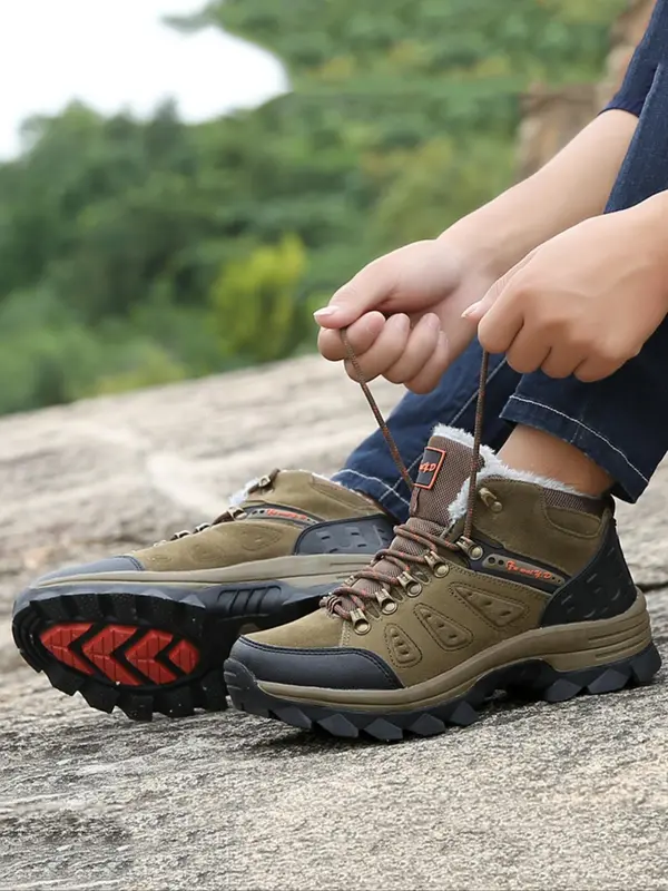Men's Solid Color Lace Up Ankle Boots, 2024 New Style Casual Sporty Warm Snow Boots for Outdoor Hiking, Non-slip Comfortable Camping Shoes for Fall & Winter 5