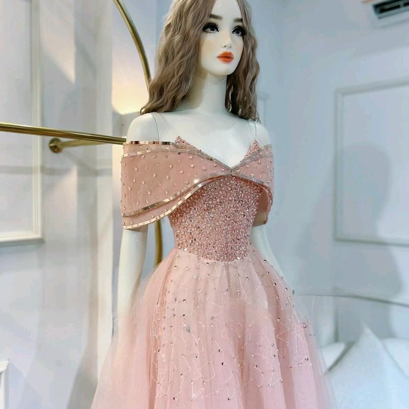 ĐẦM CÔ DÂU XOÈ TRỄ VAI KẾT 33SK Nữ Kem Women Dress Kim Tuyến Đỏ 5