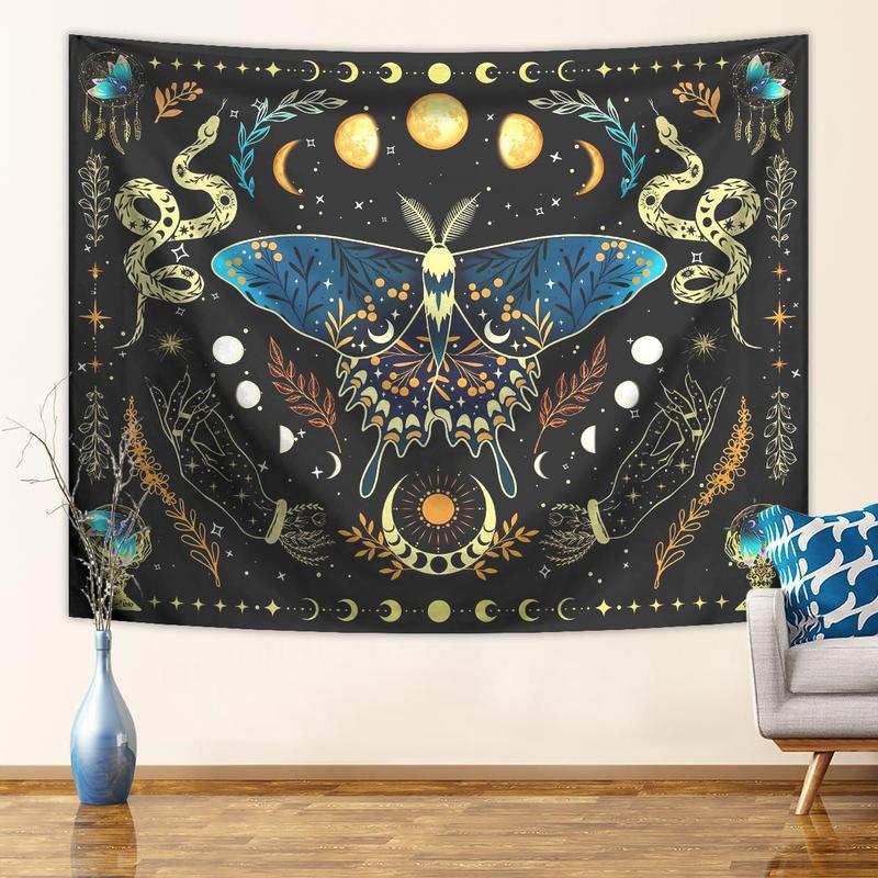 Butterfly & Moon Pattern Tapestry, Bohemian Plant Starry Sky Tapestry, Wall Hanging for Bedroom Living Room Study Room Office 2