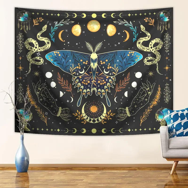 Butterfly & Moon Pattern Tapestry, Bohemian Plant Starry Sky Tapestry, Wall Hanging for Bedroom Living Room Study Room Office 2