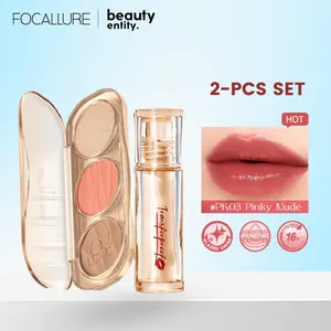 (BUNDLE) FOCALLURE 2PCS Makeup Set 3-in-1 Facial Shaping Palette | Contour Blush Highlighter + Transferproof Lip Tint Glazed