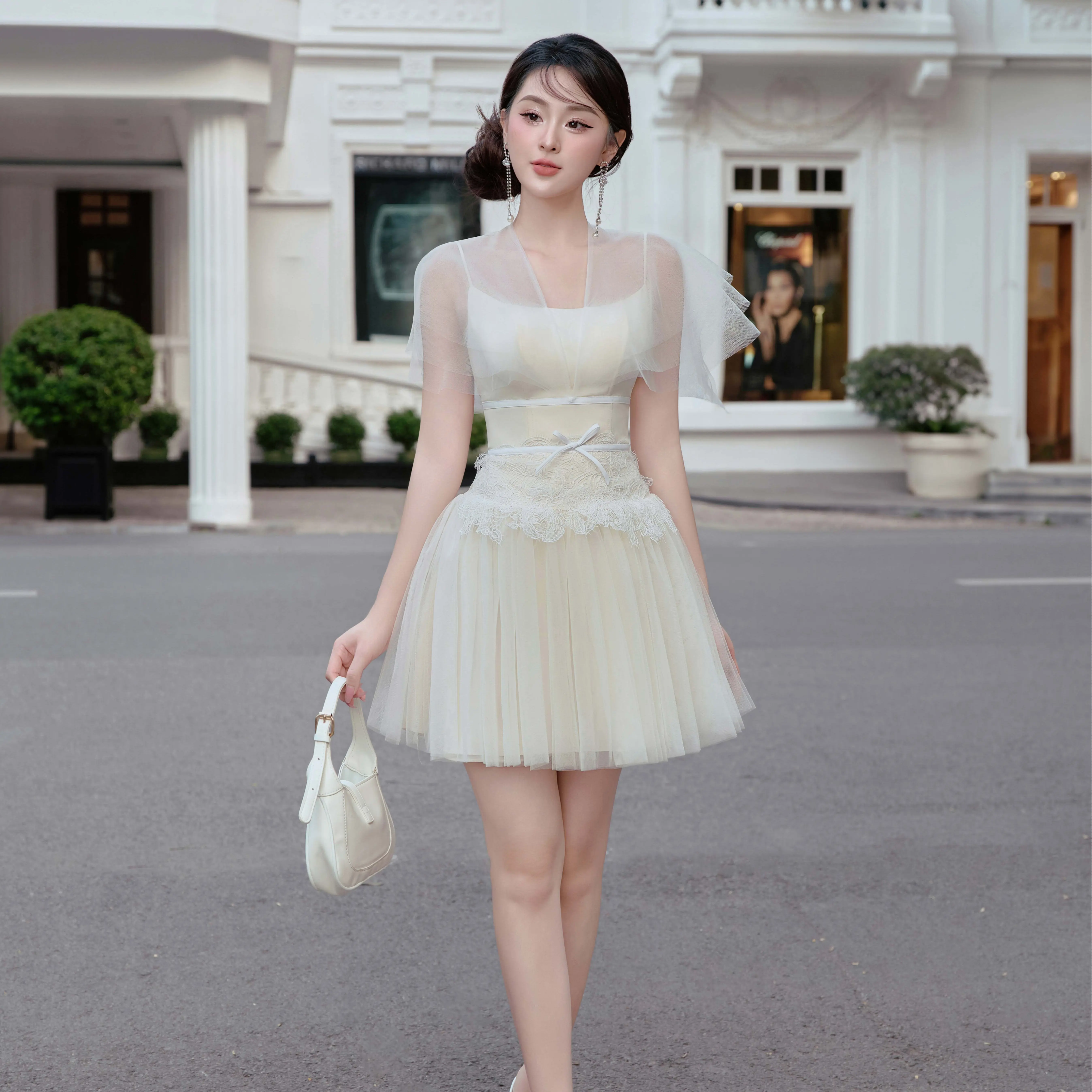HALIA - Váy LUXY mini, ren nổi choàng phối thân xoè kem nhạt Women Dress đầm  màu
