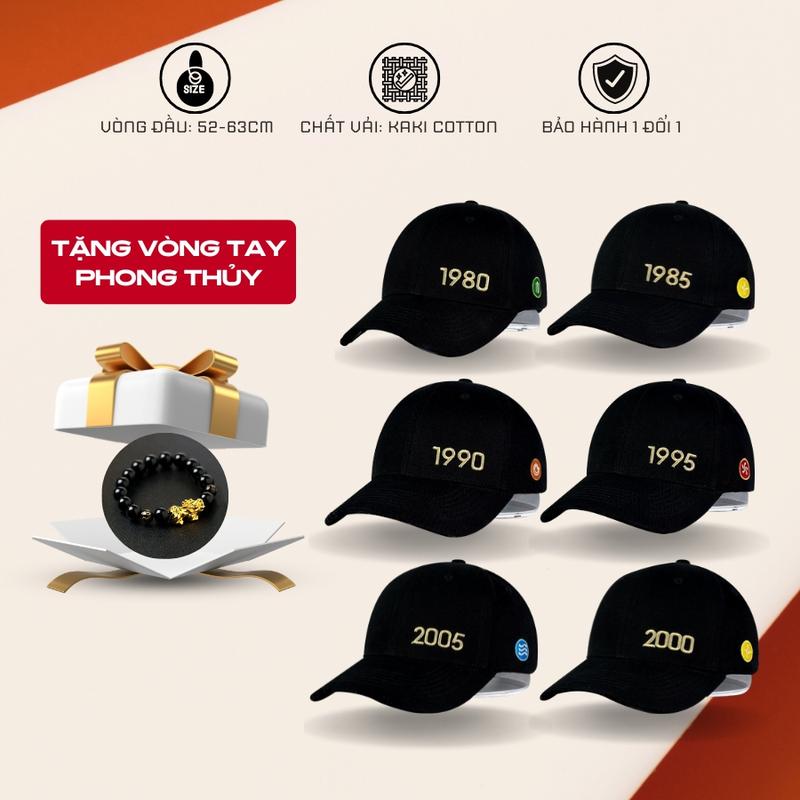 [Quà Tặng Sốc] Mũ lưỡi trai, nón kết năm sinh 1980-2005 logo thêu nổi kèm mệnh tuổi, chất liệu Kaki cotton cao cấp Hoa Cap