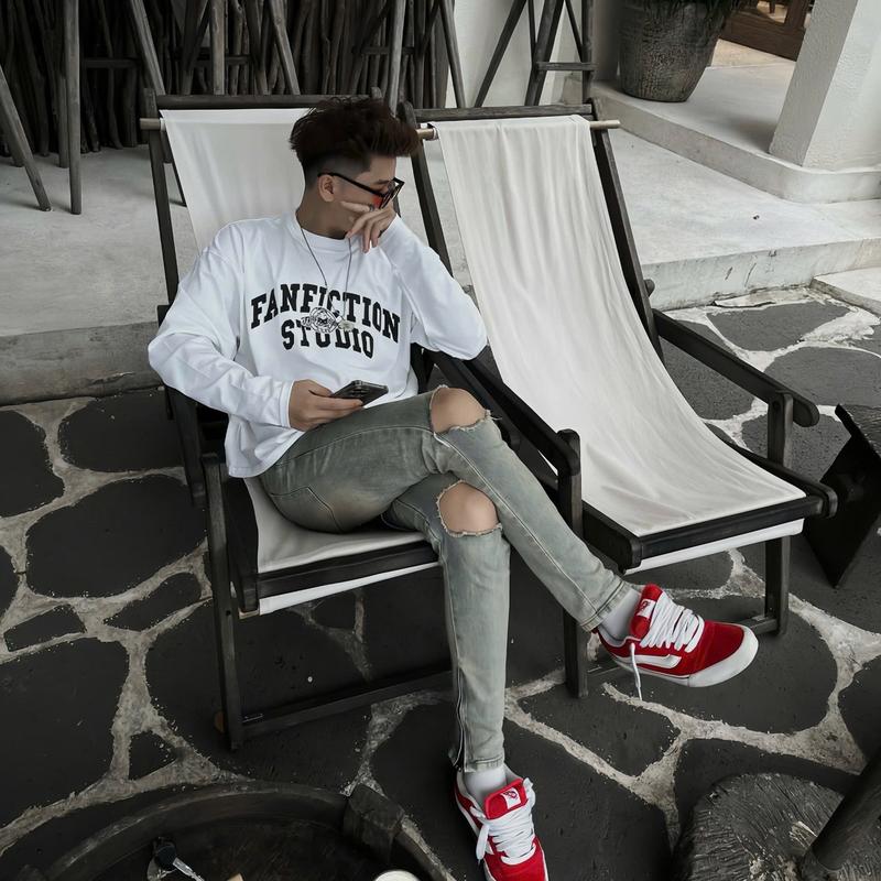 Quần jean nam Rách gối phối zip chân quần jeans skinny jean màu xanh vàng vintage mã 104 FAFIC STUDIO